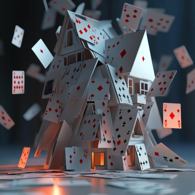 A visual representation of a teetering structure or a house of cards, symbolizing the fragility of national economies under the extreme pressures of unsustainable debt and the potential for collapse, against a backdrop of global financial hubs.