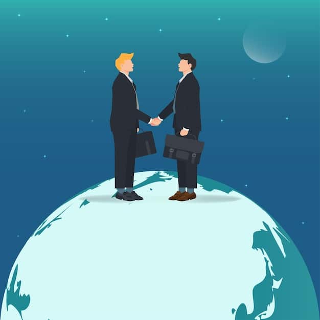 A stylized depiction of diplomatic negotiations, with two sets of hands shaking over a globe, symbolizing complex international relations. The backdrop is slightly blurred to emphasize the hands and globe.