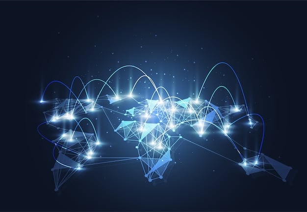 A digital representation of global network lines connecting various continents, with data points flowing between them, symbolizing digital diplomacy and economic interconnectivity.