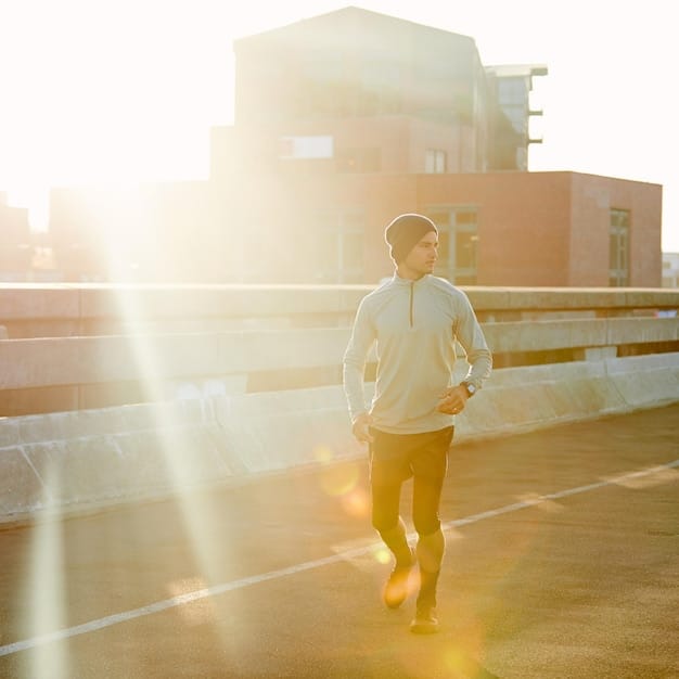 A person of average build enjoying a brisk walk or light jog in a sunny park, with trees and a clear sky in the background, subtly conveying the importance of physical activity alongside dietary changes for heart health.