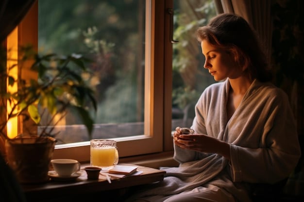 A calm person drinking herbal tea before bed, surrounded by soothing colors, indicating natural sleep preparation.