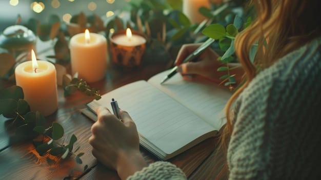 A person's hands holding a pen over a journal with 