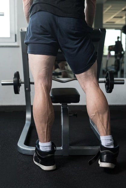 A detailed close-up shot of a senior's lower legs performing a calf raise, showing muscle engagement and stability.