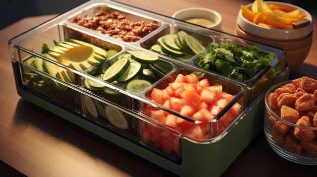 A vibrant, diverse spread of prepped healthy meals in containers, organized neatly in a modern refrigerator, illustrating efficient meal planning and healthy eating habits.