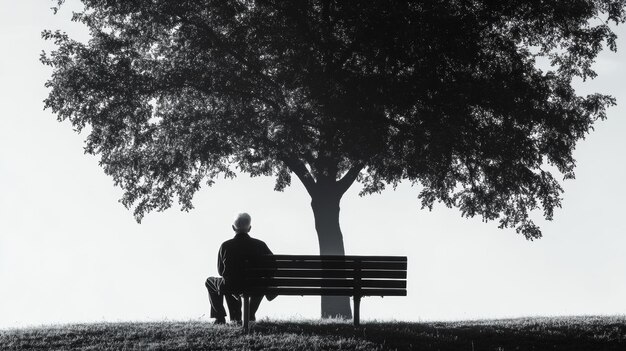 A silhouette of an elderly person sitting alone on a park bench, looking contemplative and somewhat isolated, conveying a sense of loneliness despite being in a public space.