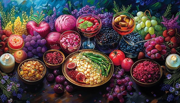 A vibrant, artfully arranged spread of colorful, fresh, unprocessed fruits, vegetables, nuts, and whole grains on a wooden table, illuminated by natural light, conveying a sense of health and natural abundance.