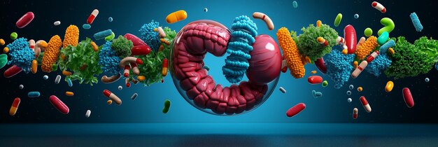 An infographic illustration showing the journey of a multivitamin pill through the digestive system, highlighting key absorption points in the stomach and intestines.