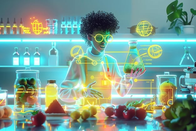 A scientist examining a digital display showing nutrient absorption pathways and a vibrant, healthy gut microbiome, representing future advancements in personalized nutrition.