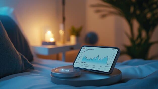 A smart home dashboard displaying health metrics such as air quality, sleep scores, and light spectrum settings in a modern living space.