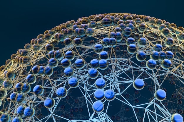 A detailed, three-dimensional representation of a complex molecule being simulated in a quantum computing environment, with lines connecting various atomic structures, illustrating drug discovery and materials science.