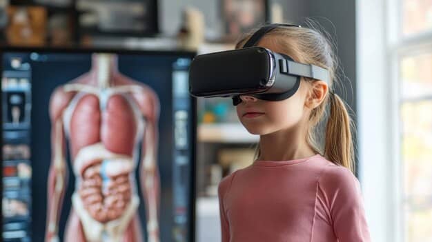A student wearing smart glasses interacting with a 3D anatomical model in a science classroom, demonstrating AR in education.