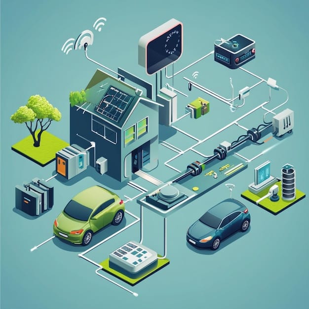 A detailed diagram showing energy flow in a smart grid, illustrating how renewable energy sources, charging stations, and electric vehicles interact to balance energy demand and supply.