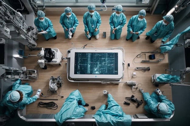 An overhead shot of a hospital operating room with a surgeon, nurses, and an advanced robotic arm assisting in a delicate procedure. The room is brightly lit, showcasing modern medical technology.