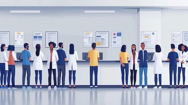 A diverse group of healthcare professionals, including doctors and nurses, gathered around a large display showing complex medical data visualizations powered by AI, discussing findings collaboratively. The setting is modern and collaborative.
