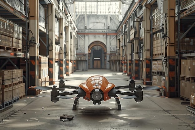 A drone or automated guided vehicle (AGV) operating in a large, modern warehouse, scanning shelves with IoT sensors.
