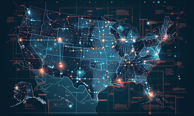 A detailed map of the US logistics network on a digital display, with various real-time data points from connected trucks and distribution centers.