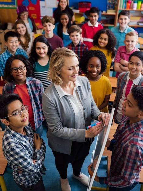 A teacher, looking enthusiastic, guiding a small group of US students interacting with a large interactive screen displaying a VR classroom scene, while other students wear VR headsets. The atmosphere is collaborative and innovative.