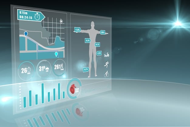 A conceptual image showing a sophisticated AI dashboard displaying a patient's integrated health data: DNA helix, medical records, lifestyle metrics, and drug response predictions. The interface should look sleek and highly functional, representing data visualization and smart analytics in a medical setting.