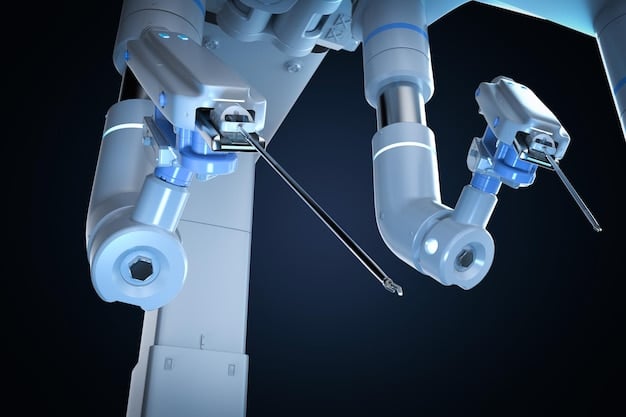 A robotic arm tending to an array of 3D printers in a fully automated manufacturing facility, illuminated by subtle blue light, emphasizing industry 4.0 integration.