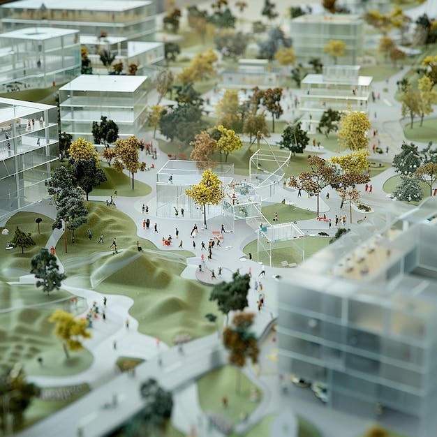 Urban planners collaboratively reviewing digital blueprints of a redesigned city, featuring green spaces, pedestrian zones, and multi-modal transit; illustrative of future urban planning with autonomous vehicles.