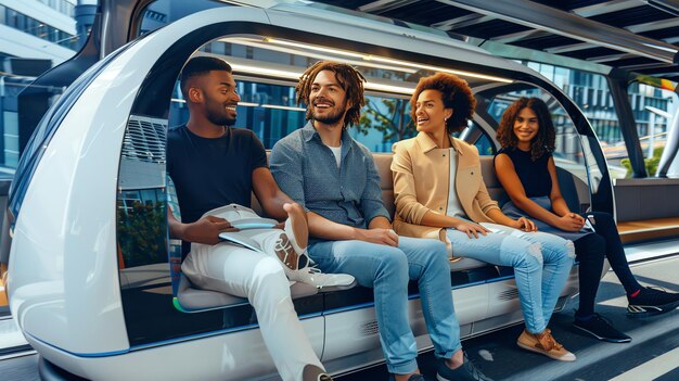 A diverse group of people comfortably seated inside a spacious, futuristic autonomous shuttle, engaged in conversations and using personal devices, symbolizing a relaxed commuting experience.