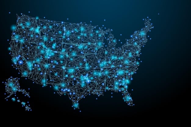 A stylized map of the US with interconnected nodes and lines representing data pathways between states and voter groups, illustrating the flow of political information and analytics.