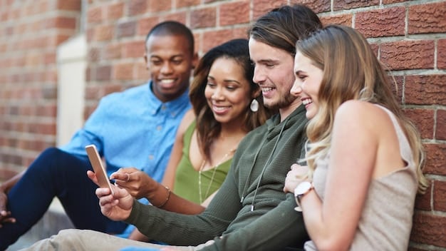 A diverse group of young adults from the US connecting on various niche social media apps simultaneously, with different colored bubbles representing each platform floating around them, emphasizing specialized digital communities.