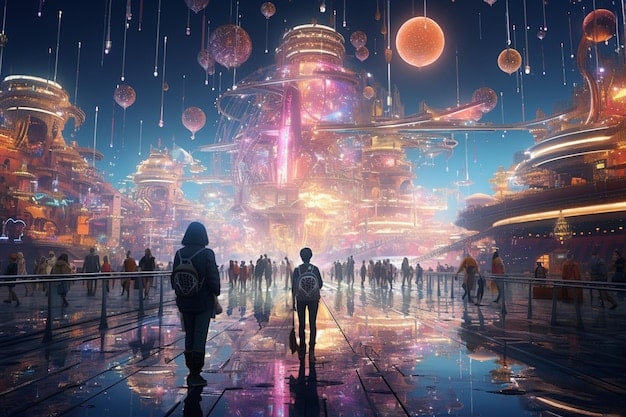 A futuristic cityscape under a starry sky, with augmented reality interfaces floating around people interacting seamlessly in a shared digital space, depicting the vision of Web3 and the Metaverse for social connection.