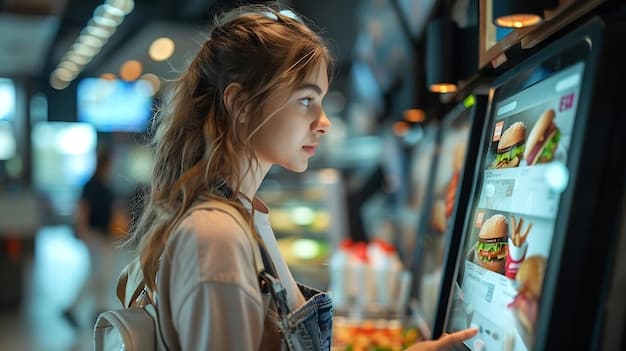 A customer using a self-checkout kiosk in a modern supermarket, with a faint digital overlay indicating AI processing.