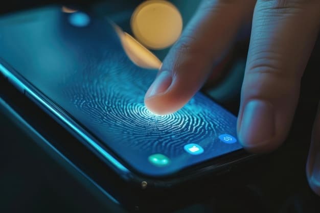 A close-up shot of a hand pressing a thumb onto a glowing fingerprint scanner on a smartphone, indicating mobile security.