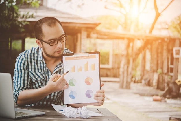 A young adult looking thoughtfully at a financial projection chart on a tablet, surrounded by symbols of daily expenses and investments, indicating complex decision-making.
