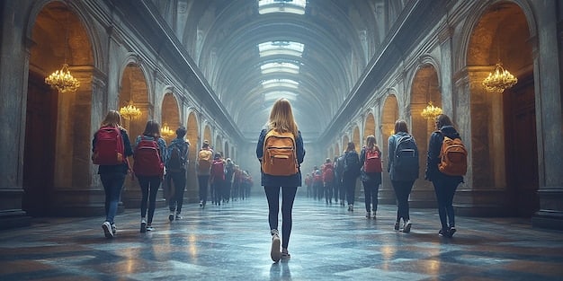A grand university hall with students walking around, a symbol of higher education and academic pursuit.