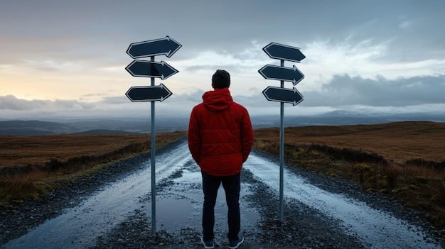 A young person at a crossroads, looking at two different signs: one pointing to 