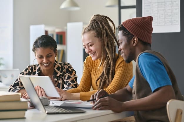 A diverse group of students, some using laptops, others collaborating with textbooks, in a modern library setting, illustrating the collaborative and accessible nature of modern education, subtly hinting at streamlined processes.