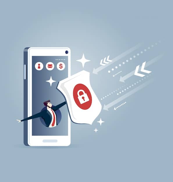 A person holding a smartphone, actively blocking spam calls and messages related to scholarships, with privacy and security icons floating around the device, emphasizing digital protection.