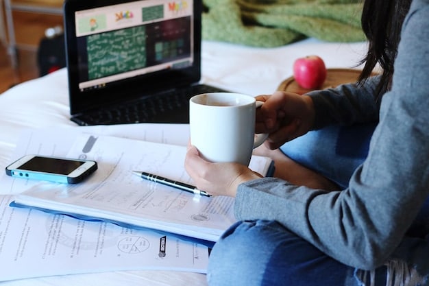 A student sitting at a desk, surrounded by books and a laptop, carefully reviewing a budget spreadsheet on screen, with a cup of coffee nearby.