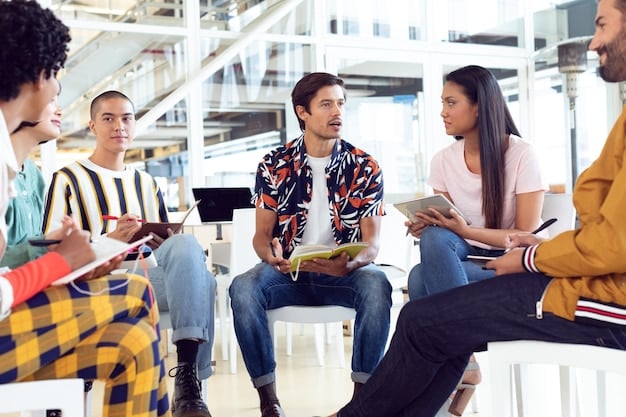 A diverse group of graduate students engaged in a lively discussion in a university common area, symbolizing networking and collaborative learning in advanced education.