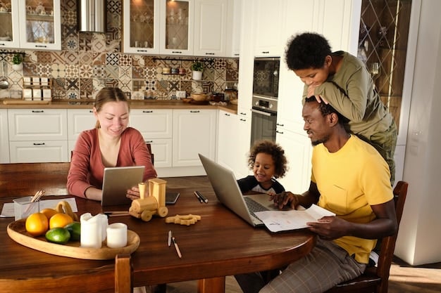 A family, including parents and a high school student, sitting at a kitchen table, looking at a laptop and various financial aid award letters, discussing college options.