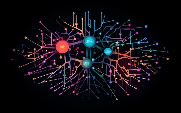 A stylized graphic showing intersecting networks of data points and lines flowing into a central brain-like icon, representing data analytics informing strategic decisions in education.