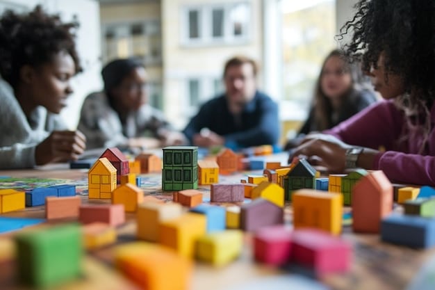 A diverse group of people (students, parents, teachers, community members) working together, building blocks with educational symbols on them, signifying collaborative efforts in policy implementation.
