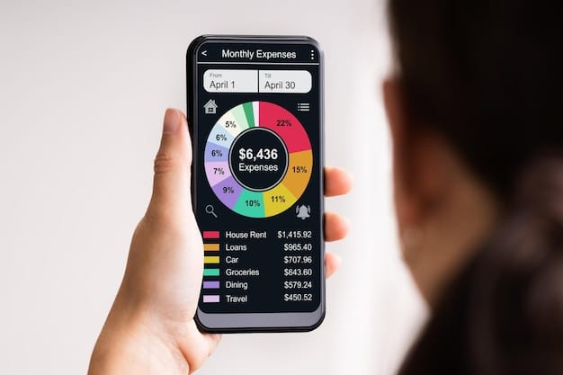 A close-up shot of a smartphone screen displaying a budgeting app interface with colorful charts and categorized expenses, held by a student's hand, illustrating digital expense tracking.