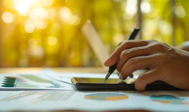 A person's hand highlighting a section on a financial statement with a pen, surrounded by various financial documents, symbolizing careful financial planning and debt management.