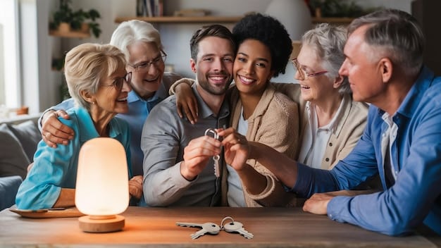 A diverse group of people of various ages looking relieved and smiling, with thought bubbles showing images of houses, cars, and savings jars, symbolizing the positive life impacts of debt relief.