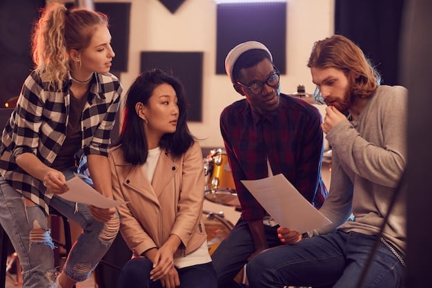 A diverse group of adult students participating in an evening class, engaged in discussion, with a professor facilitating.