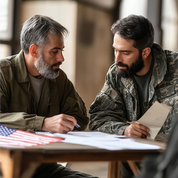 A veteran student filling out forms at a university veteran services office, with a helpful advisor assisting them.