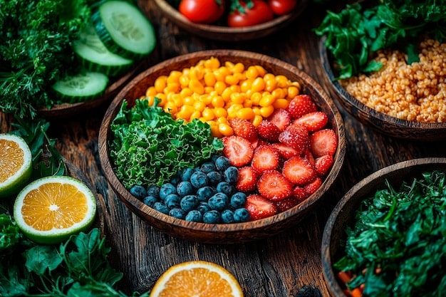 A vibrant, colorful platter of fresh fruits and vegetables, emphasizing a diverse and nutrient-rich diet as a foundation for immune health.
