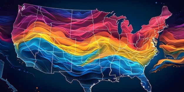 A detailed map of the United States showing gradual 5G coverage expansion, with increasing density in rural regions by 2025 indicated by color gradients.